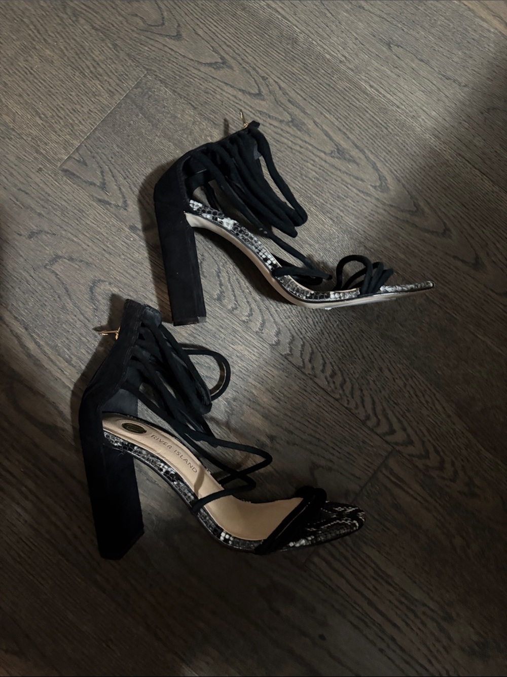 River Island Black Suede Lace-Up Block Heel Sandals with Snakeskin Detail